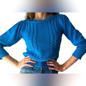VINTAGE 80S/90S CERULEAN BLUE CABLE KNIT SWEATER SZ SMALL